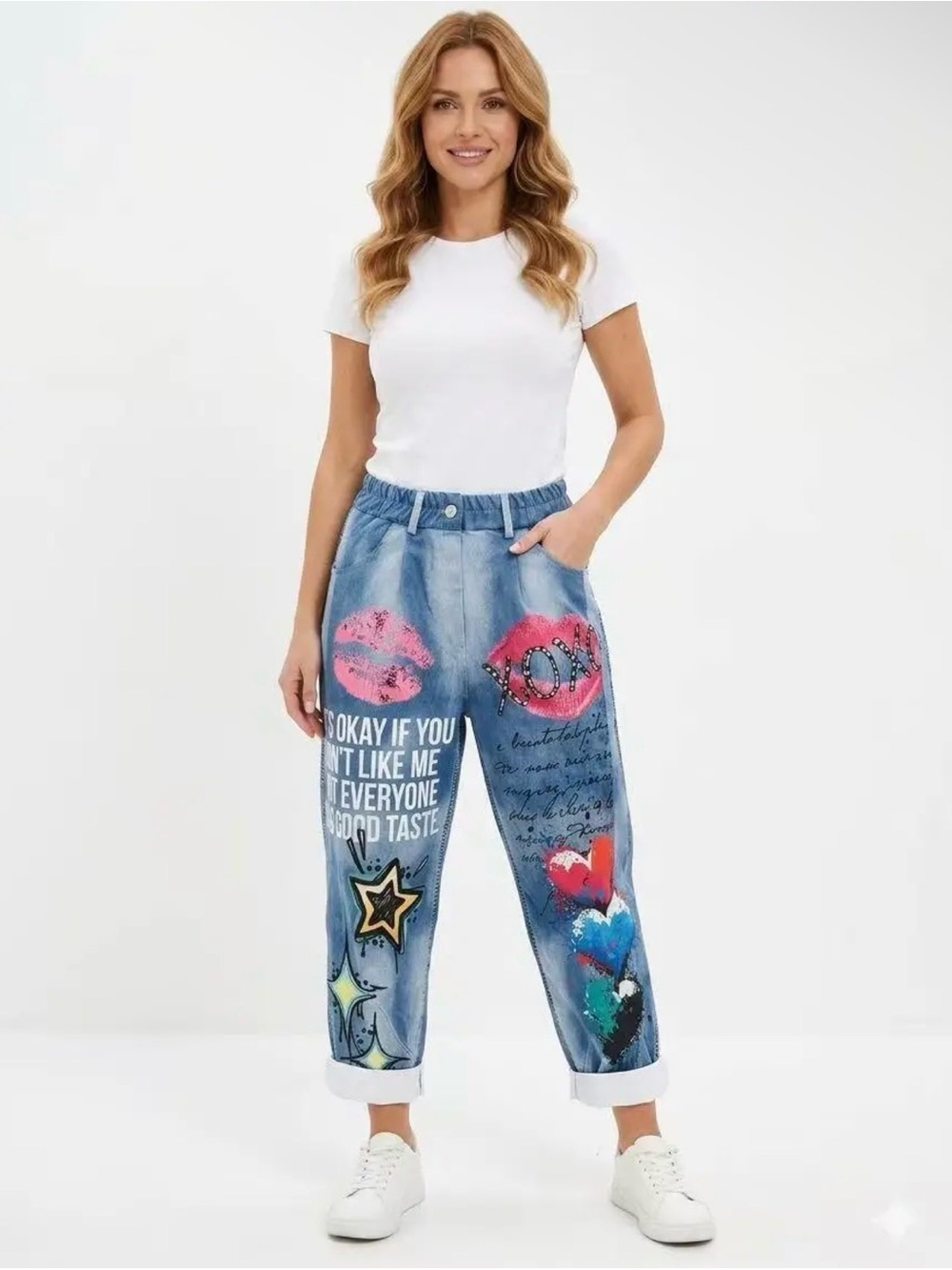 Italian Graphic Blue Denim Women’s Jeans with Artistic Print